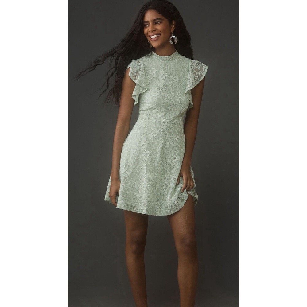 Anthropologie Maeve Mini Dress Green Mock Neck Preppy Retro XL New